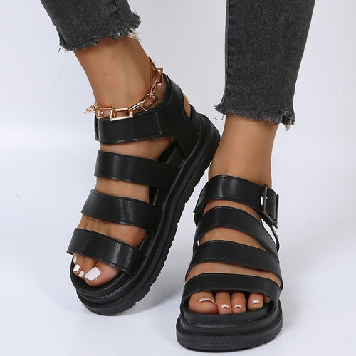 Damen Plateausandalen mit vier Riemen und verstellbarer Metallschnalle Drune