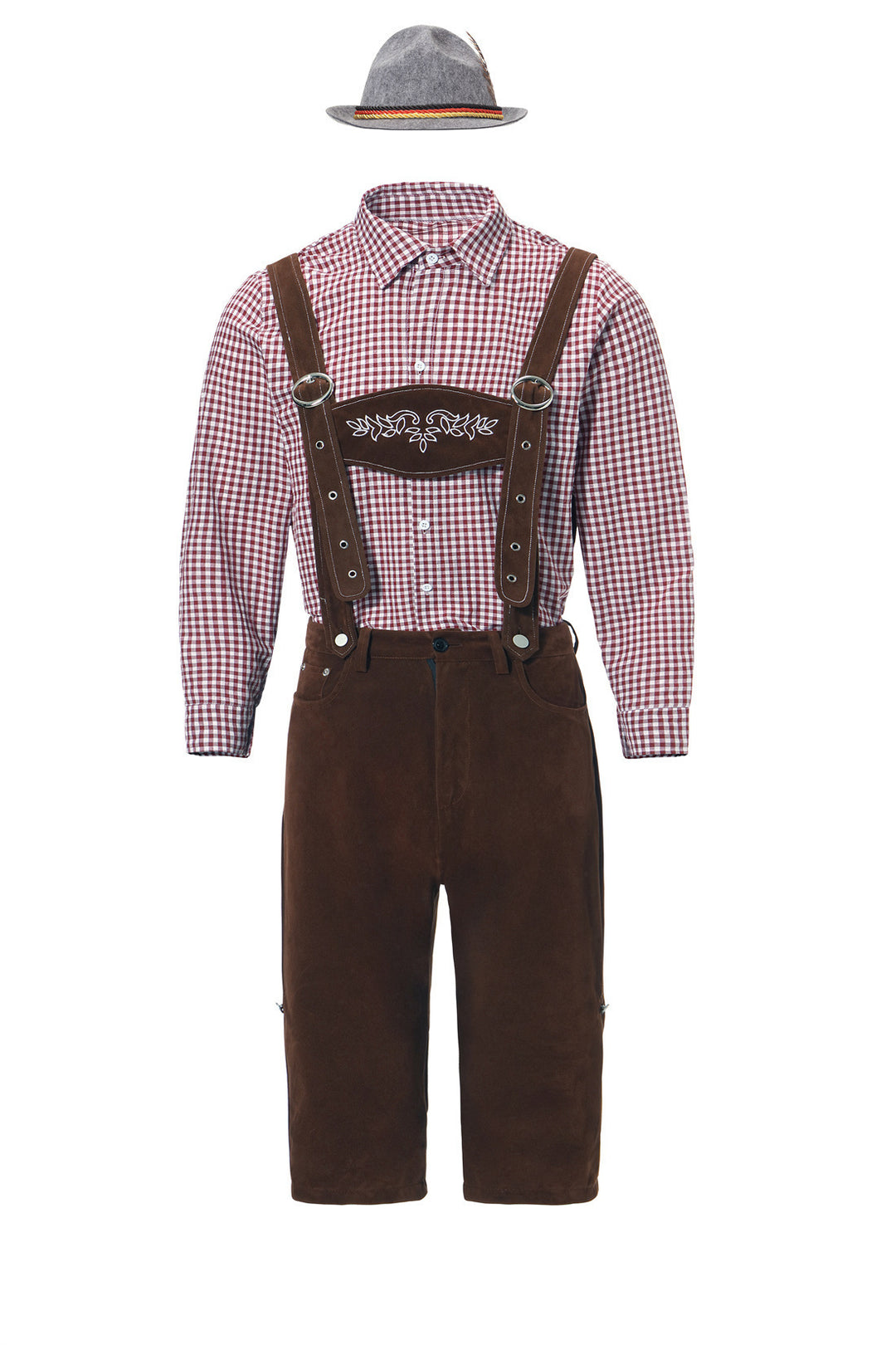 Herren nan kurze Trachtenlederhose in Veloursleder-Optik mit besticktem Brustlatz und verstellbaren Trägern Drune