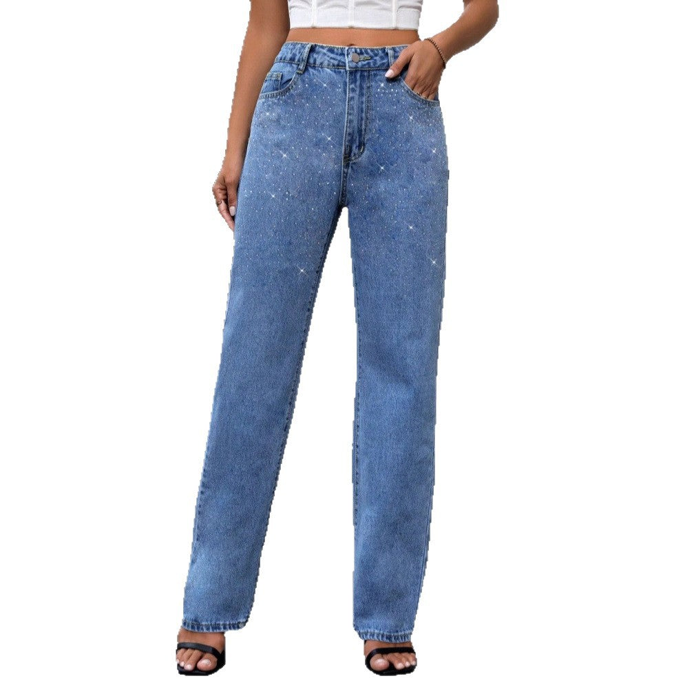 Damen High-Waist Wide-Leg Denim-Jeans mit funkelndem Perlen-Scatter und geradem Bein Drune