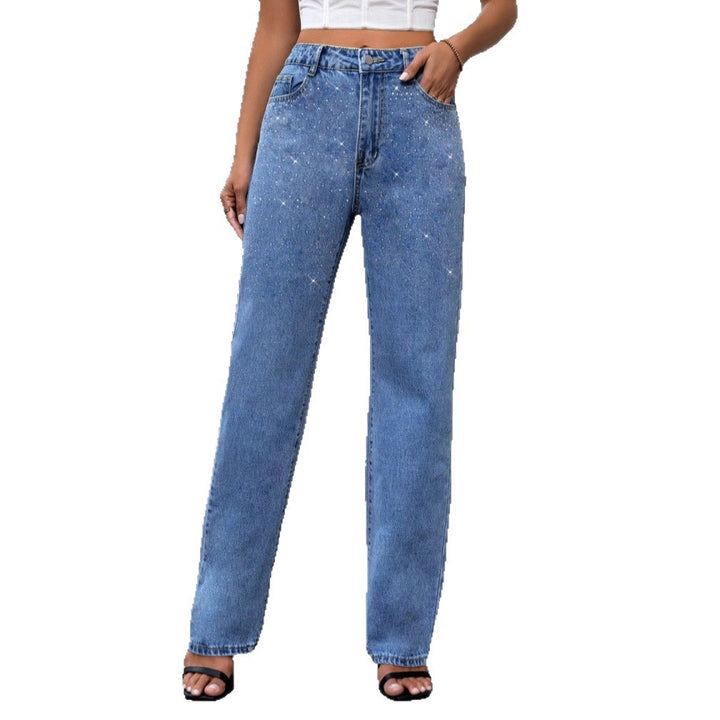 Damen High-Waist Wide-Leg Denim-Jeans mit funkelndem Perlen-Scatter und geradem Bein Drune