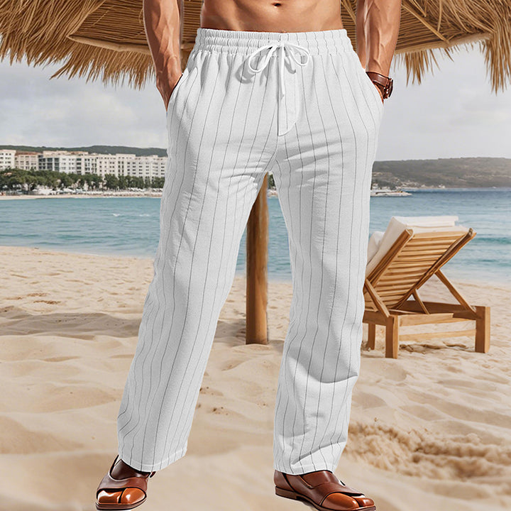 Herren Maritime Leinenoptik-Freizeithose mit Nadelstreifen elastischem Bund und seitlichen Eingrifftaschen Drune