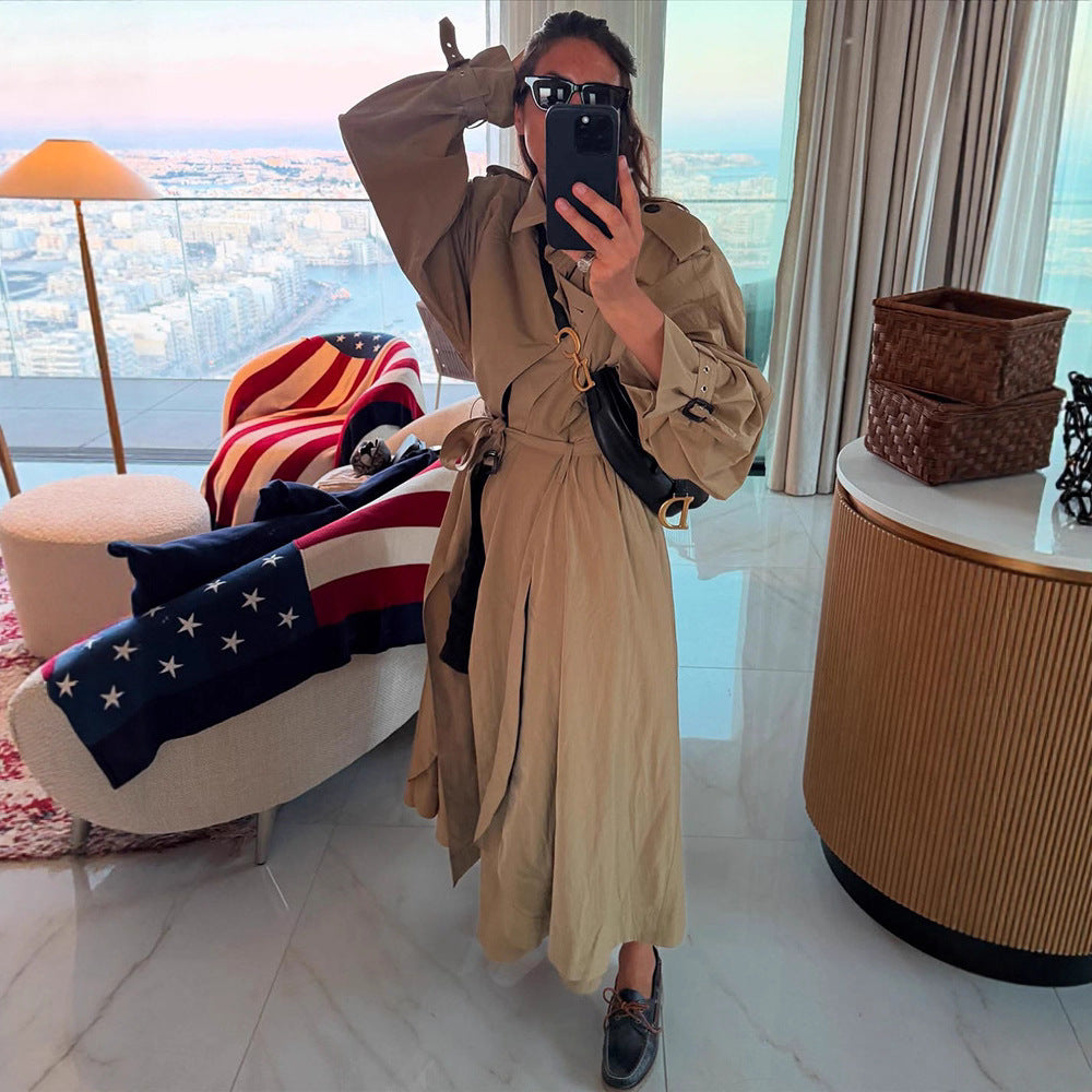 Damen Oversize-Trenchcoat mit voluminösen Ballonärmeln, Kordelzug und abnehmbarer Kapuze Drune