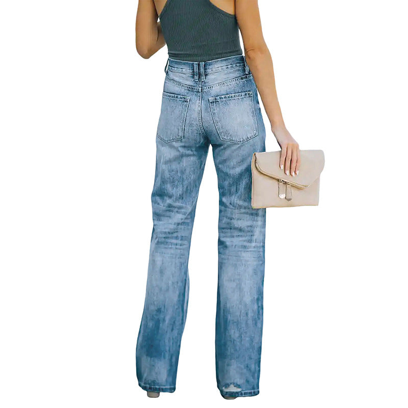 Damen Hochtaillierte weite Straight-Leg-Jeans mit Destroyed-Details Drune