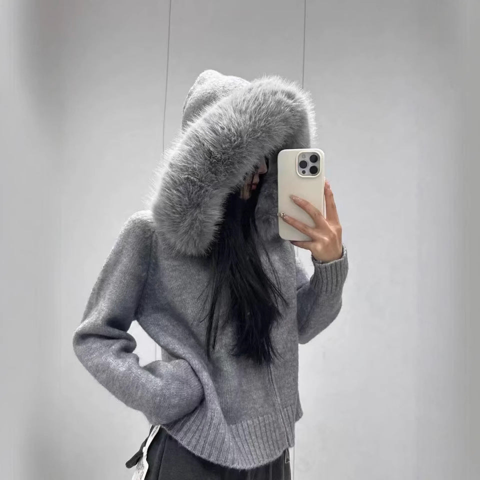 Damen kuschelige Strickjacke mit luxuriösem Pelzkragen und Reißverschluss Drune