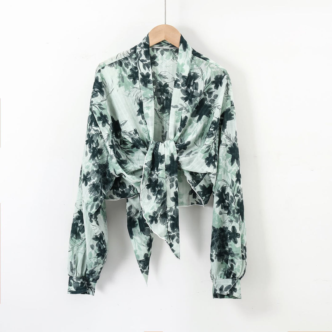 Damen nan florale Knoten-Bluse im Wickelstil mit Ballonärmeln und leichter Leinenoptik Drune