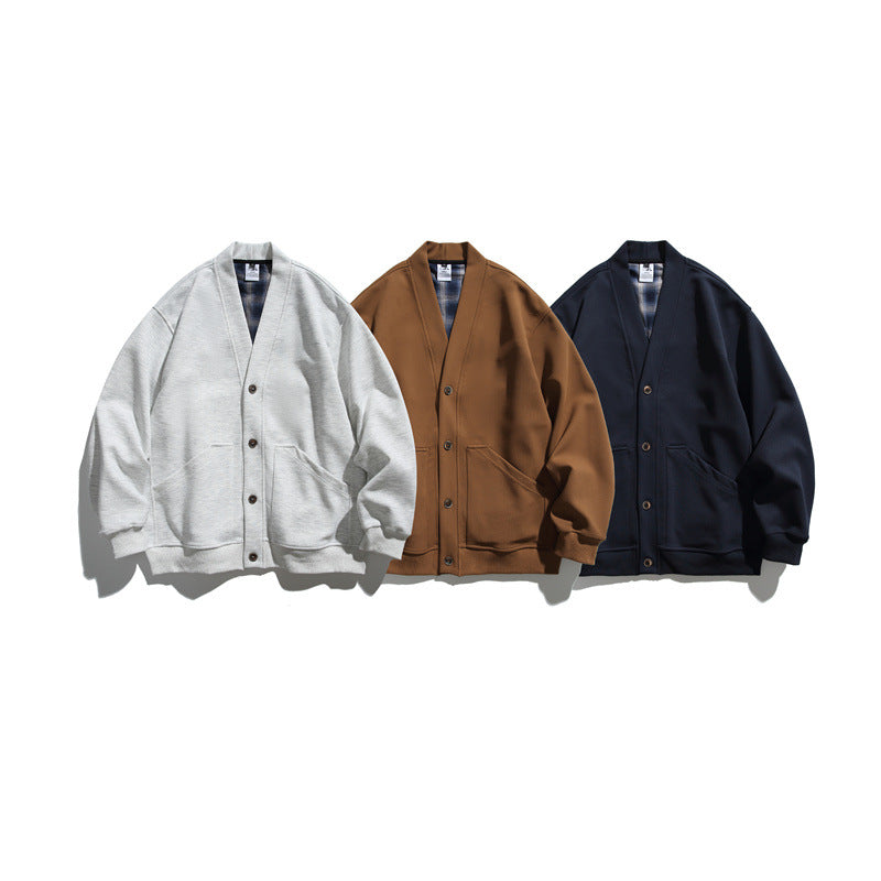 Unisex Oversize-Cardiganjacke aus schwerem French-Terry mit V-Ausschnitt und aufgesetzten Eingrifftaschen Drune