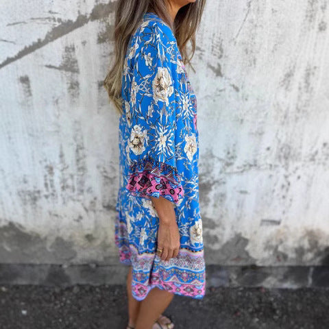 Damen Boho-Chic Kleid mit floralen Mustern und Knopfleiste Drune