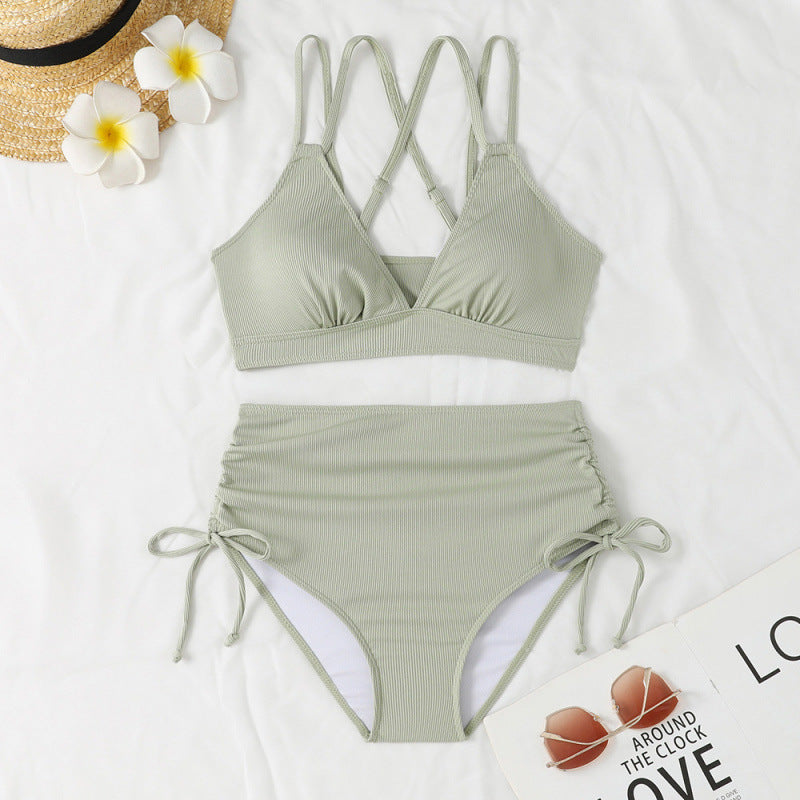 Damen schickes High-Waist-Bikini-Set mit verstellbaren Trägern und Raffung Drune