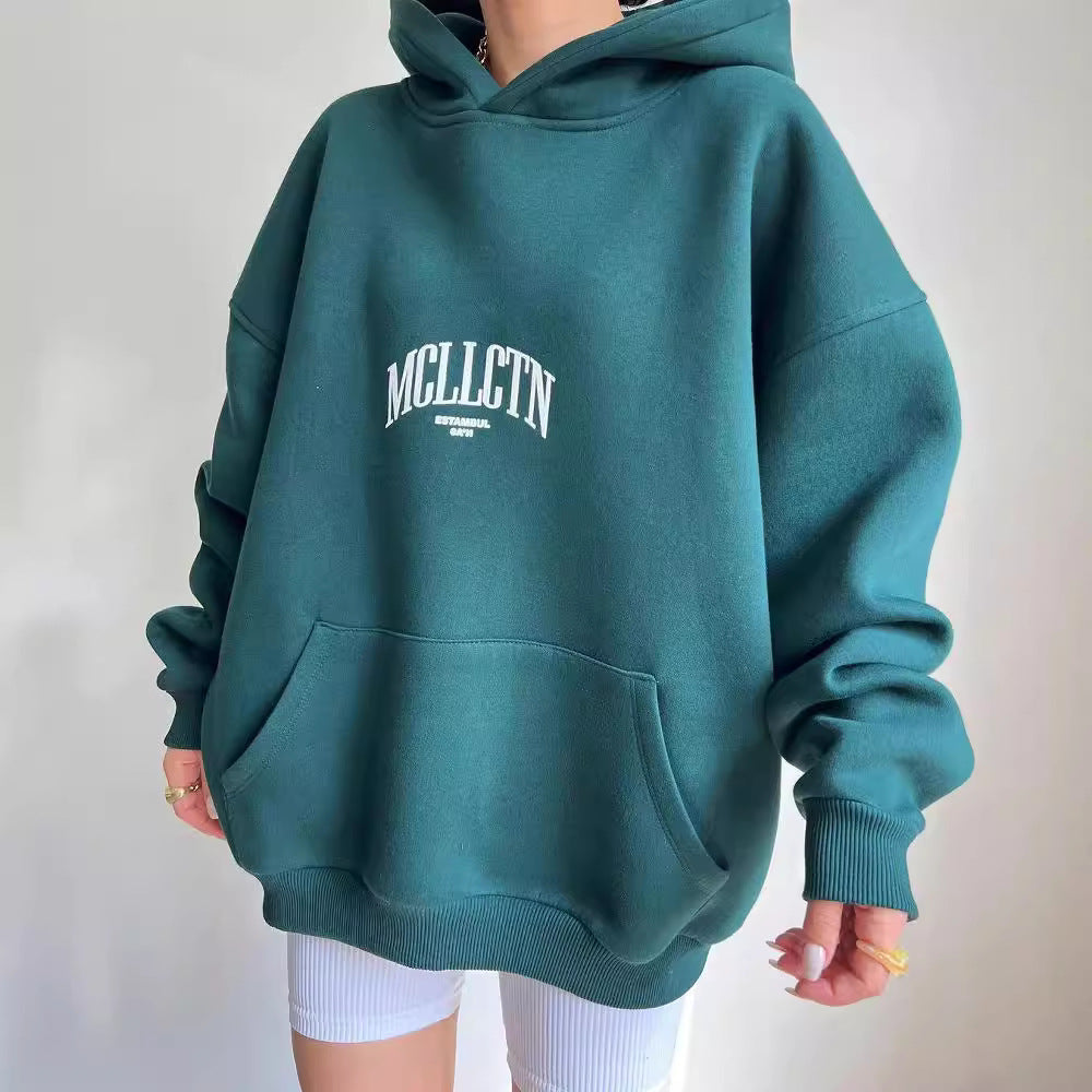 Damen Oversized Kapuzenpullover mit abstraktem Rückenprint und gerippten Bündchen Drune