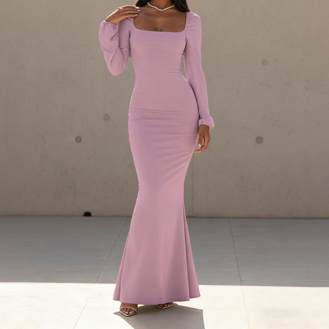 Damen Figurbetontes Maxikleid mit quadratischem Ausschnitt und Ballonärmeln Drune