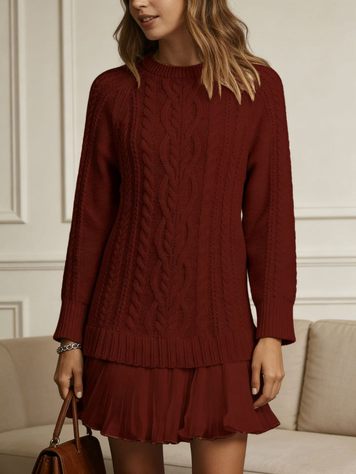 Damen Langer Zopfstrick-Pulloverkleid mit Rundhals Drune