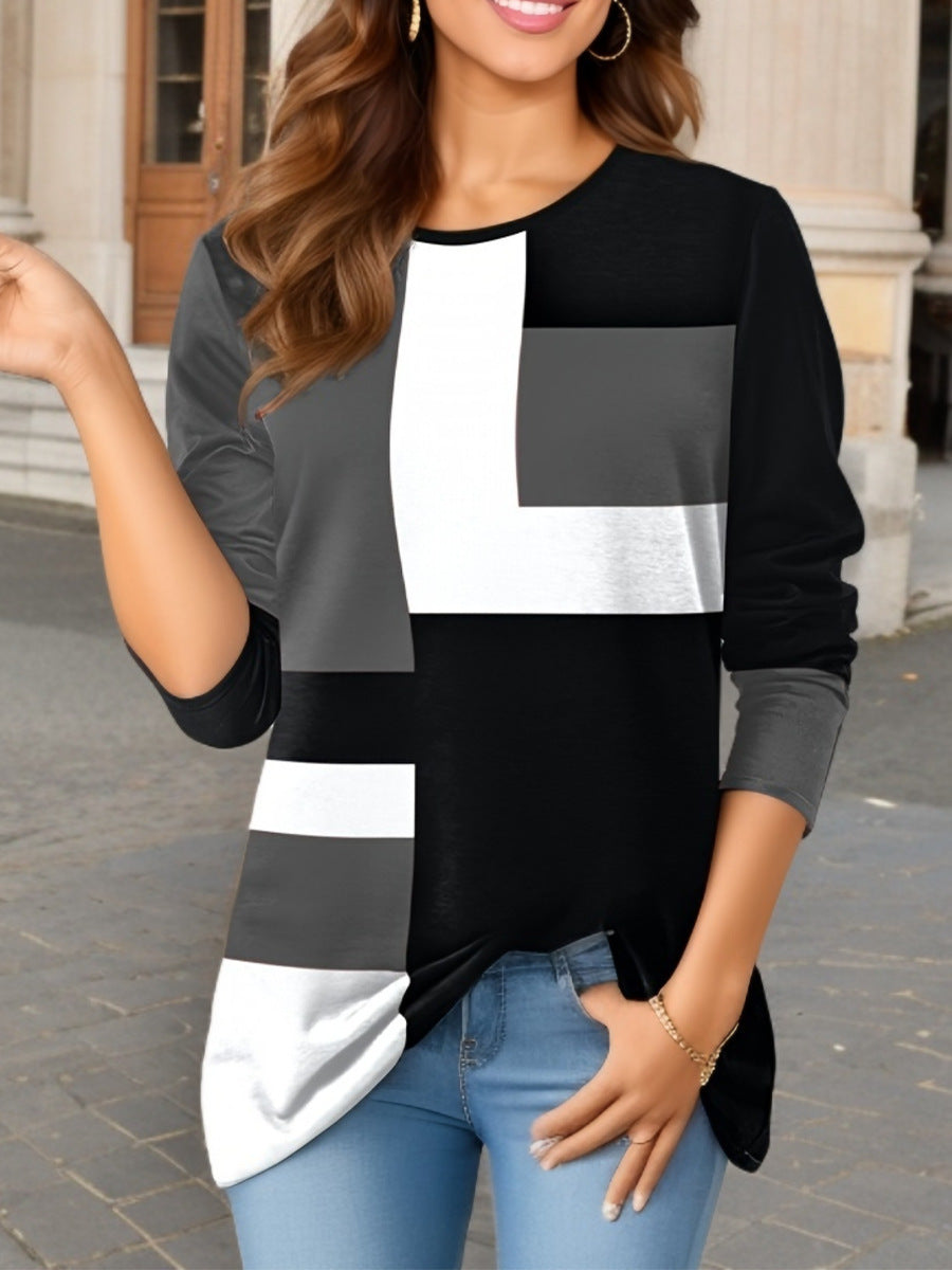 Damen nan geometrisches Colorblock Longsleeve-Tunika-Oberteil mit Rundhalsausschnitt und asymmetrischem Saum Drune