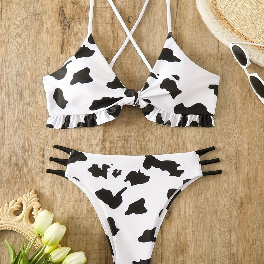 Damen Triangel-Bikini mit franjendetail und verspieltem Kuhmuster Drune