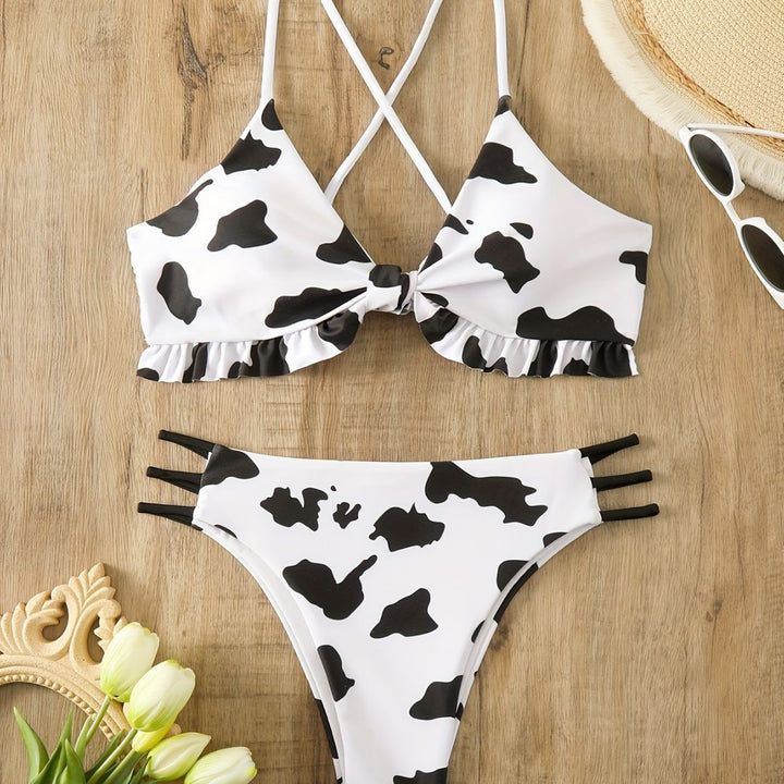 Damen Triangel-Bikini mit franjendetail und verspieltem Kuhmuster Drune