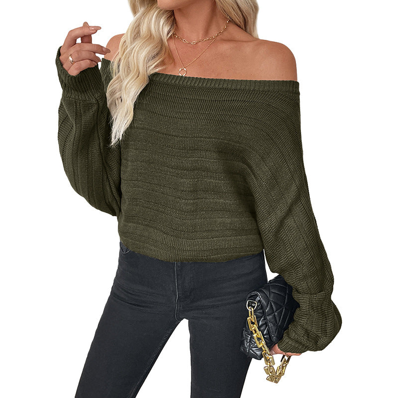Damen Oversize Off-Shoulder Grobstrick-Tunika mit überschnittener Schulter und Ballonärmeln Drune