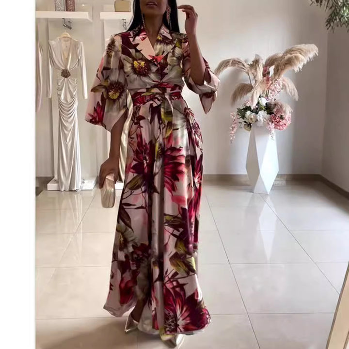 Damen nan Maxikleid mit Reverskragen, Kimonoärmeln und taillierendem Bindegürtel Drune