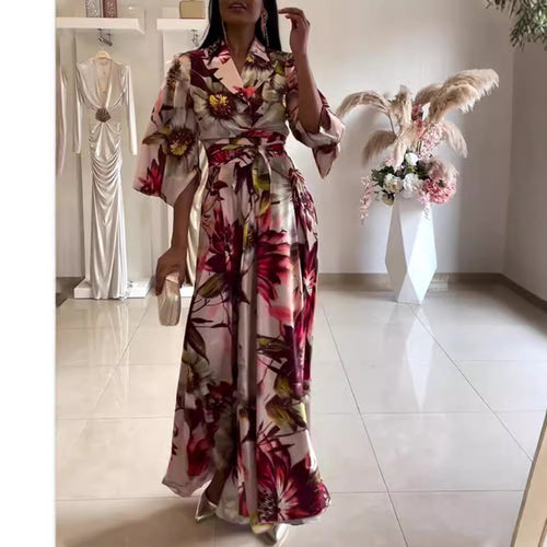 Damen nan Maxikleid mit Reverskragen, Kimonoärmeln und taillierendem Bindegürtel Drune