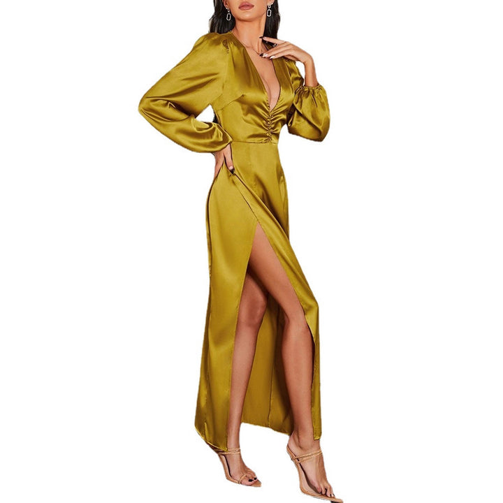 Damen Elegantes Maxikleid mit tiefem V-Ausschnitt und voluminösen Ärmeln Drune