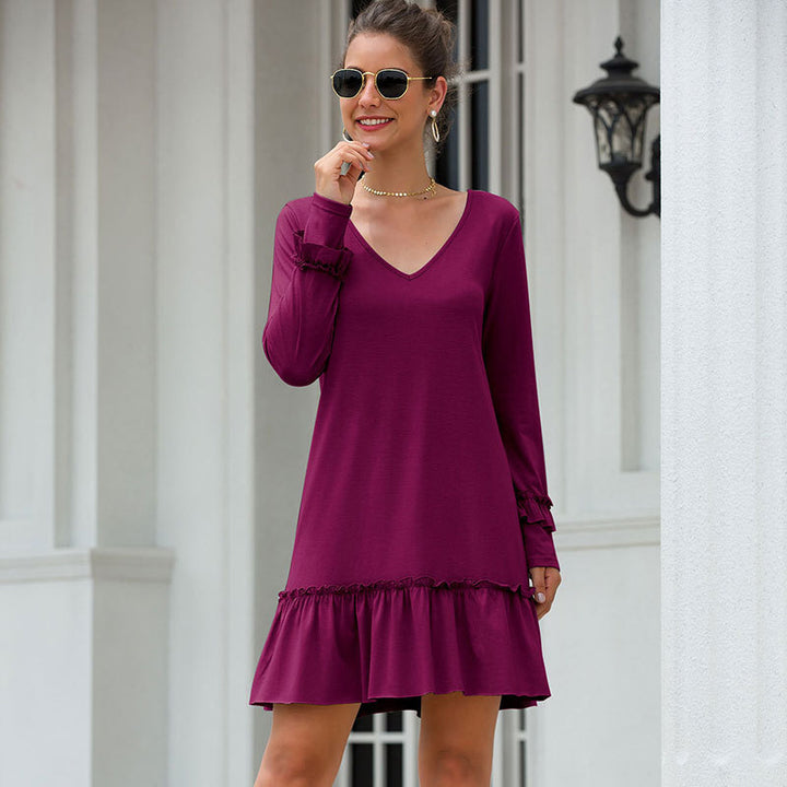 Damen Minikleid mit V-Ausschnitt und Rüschenärmel Drune
