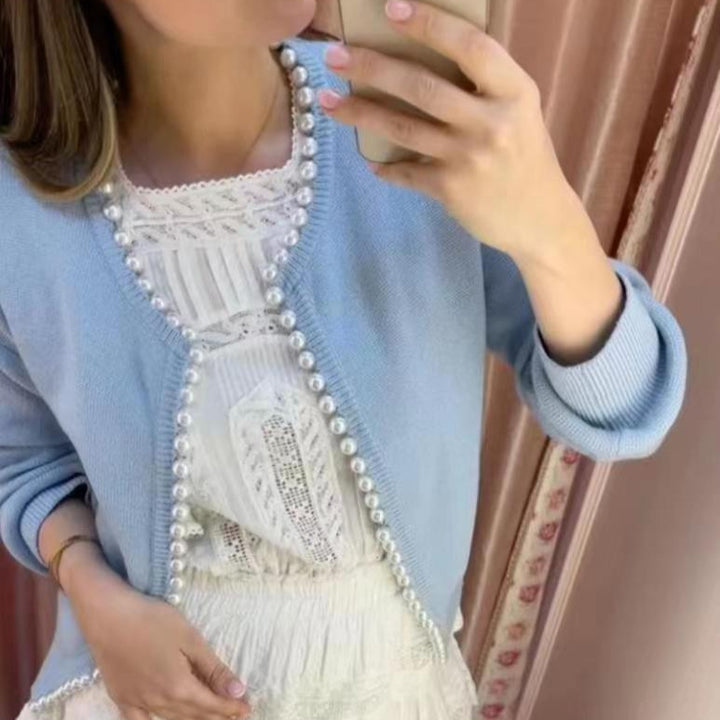 Damen Strickjacke mit Perlenverzierung und Lockeren Schnitt Drune