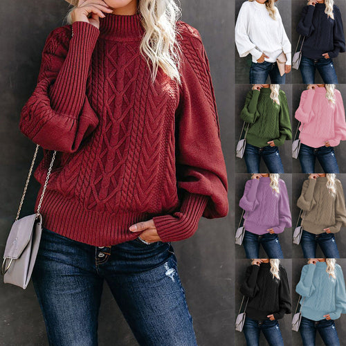 Damen Strickpullover mit hohem Kragen und voluminösen Ärmeln Drune