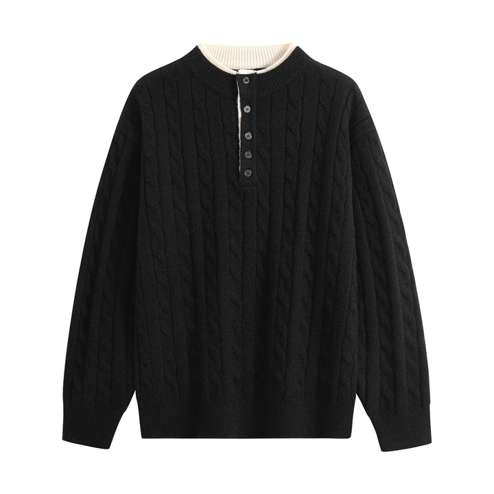 Unisex Oversize Zopfstrick-Henley-Pullover mit Knopfleiste und geripptem Saum Drune