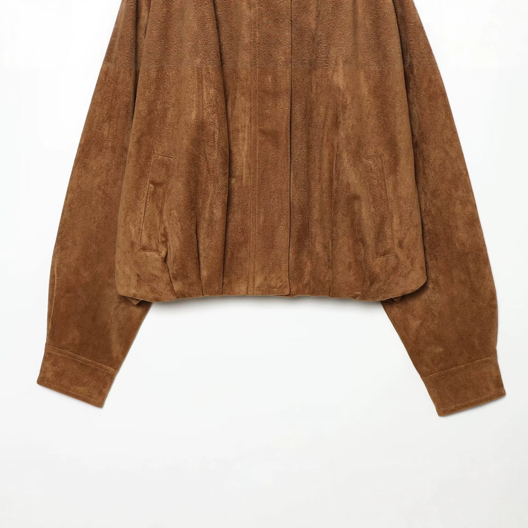 Damen Kurz geschnittene Oversize-Suede-Blousonjacke mit Stehkragen Drune