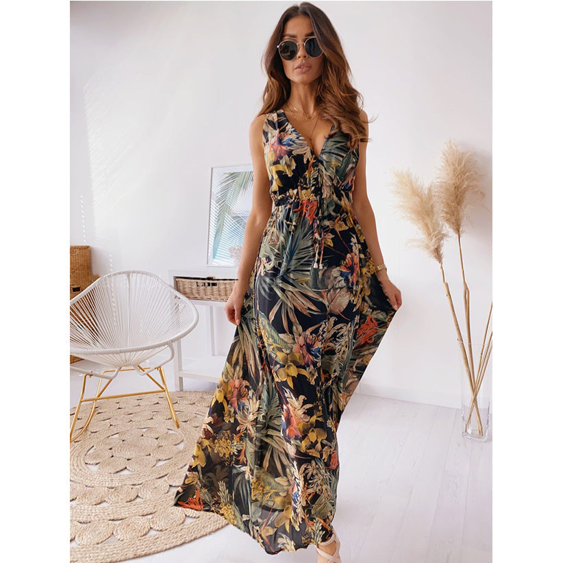 Damen Maxikleid mit tiefem V-Ausschnitt und elastischer Taillenbindung Drune