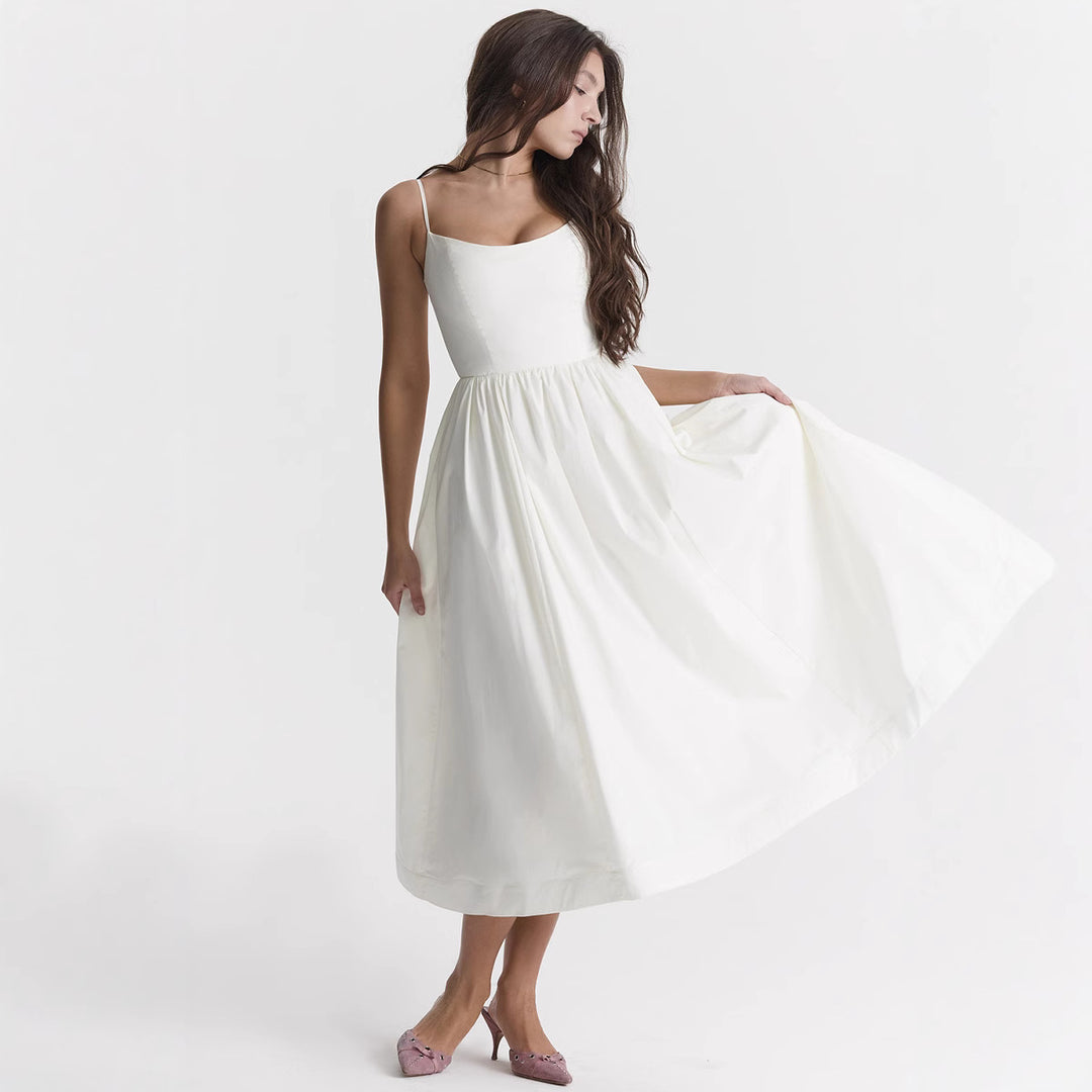 Damen elegantes Midikleid mit Spaghetti-Trägern und fließendem Rock Drune