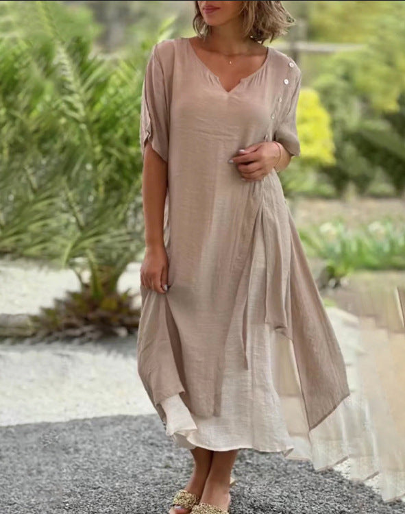 Damen nan zweilagiges Hemdkleid mit asymmetrischem Lagenrock, seitlicher Zierknopfleiste und Tunnelzug Drune