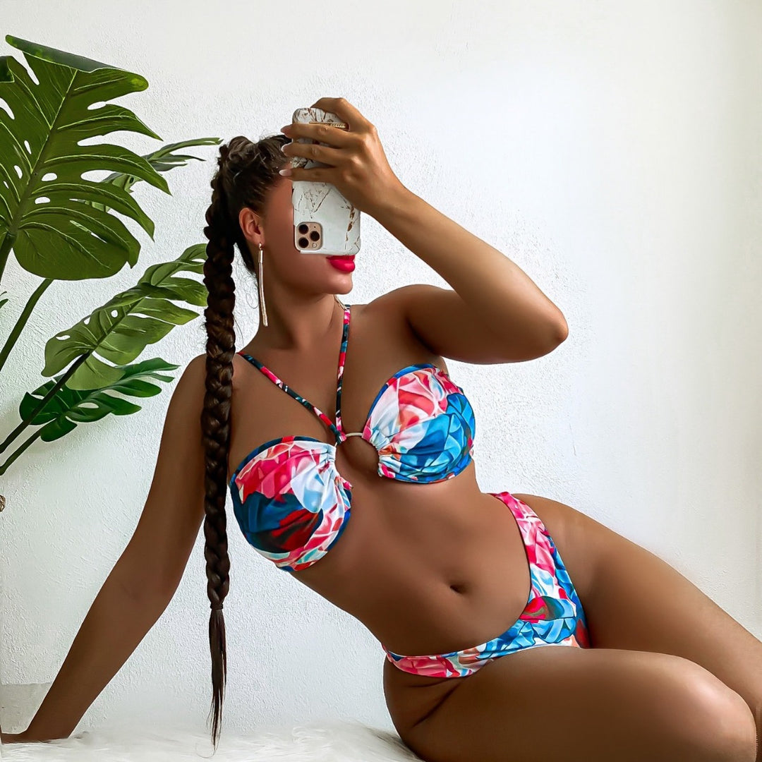 Damen Eleganter Blumen-Bikini mit Raffungen Drune