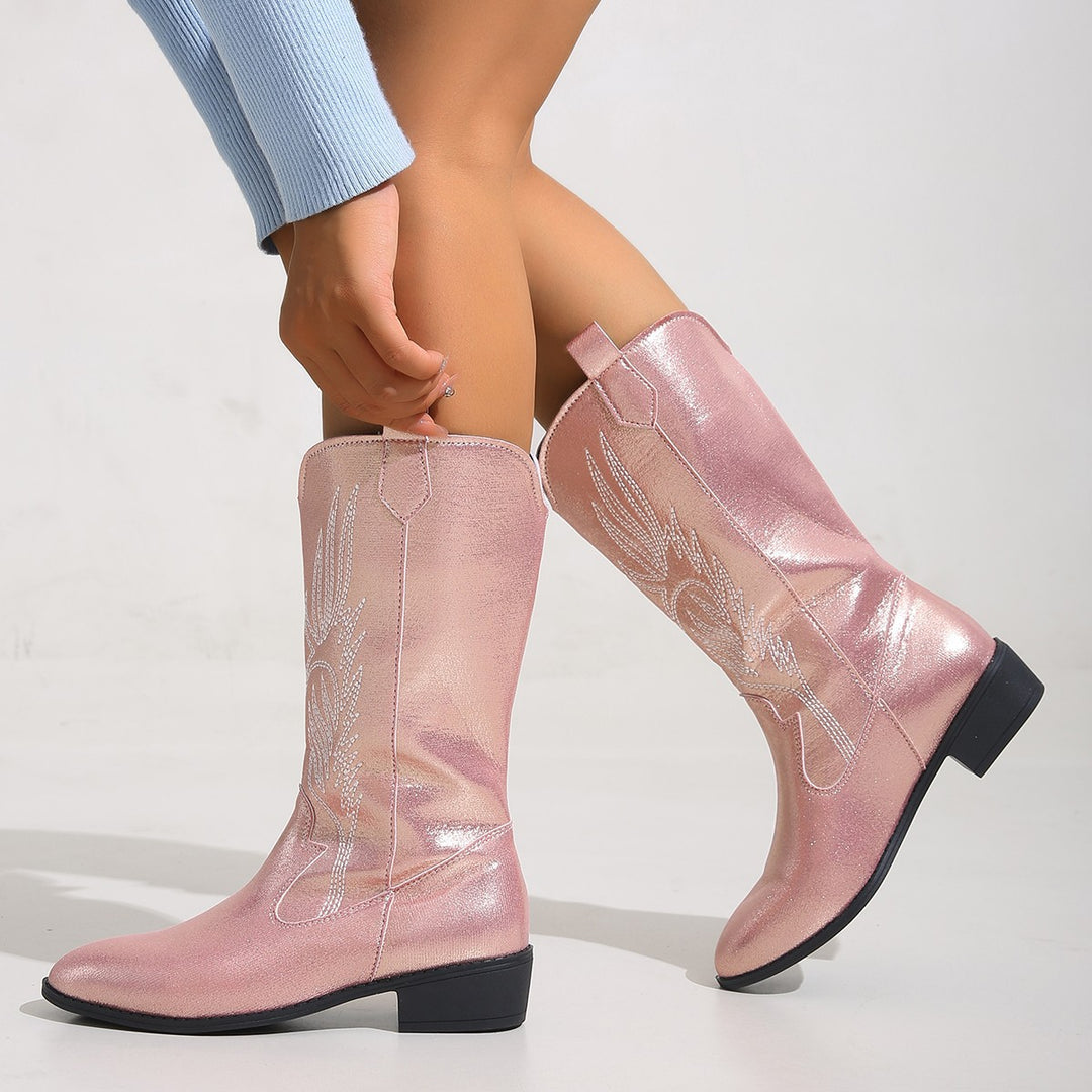 Damen Cowgirl-Kniehoher Stiefel mit dekorativer Stickerei, Pull‑Tabs und komfortablem Blockabsatz Drune