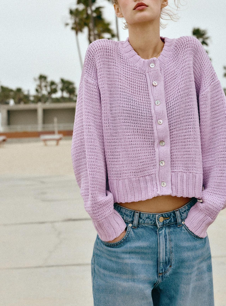 Damen Lockere Cropped-Strickjacke mit Knopfleiste und offener Struktur Drune