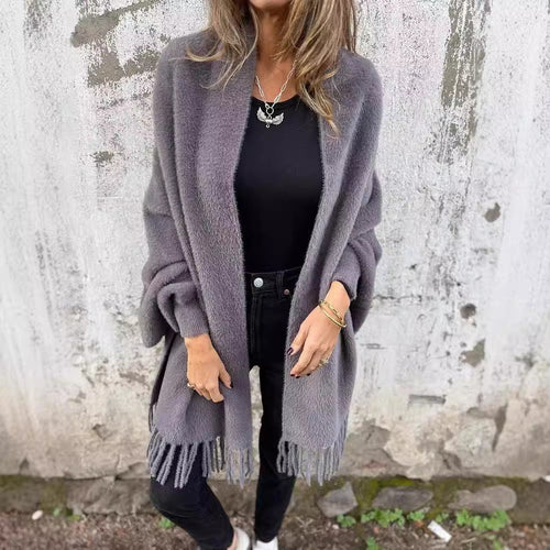 Damen Kuscheliger Strickponcho mit Fransen Drune