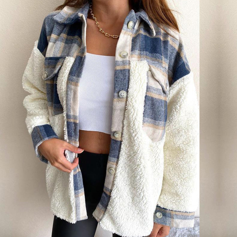 Damen gemütliche und modische Sherpa-Jacke mit Karo-Design Drune