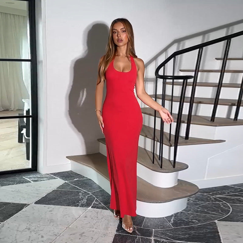 Damen Elegantes Maxikleid mit schmalem Schnitt und tiefem Rückenausschnitt Drune