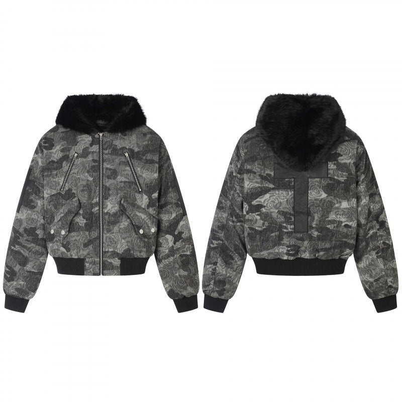 Damen Boxy-Bomberjacke mit weichem Kunstpelzkragen und floraler Camouflage-Struktur Drune