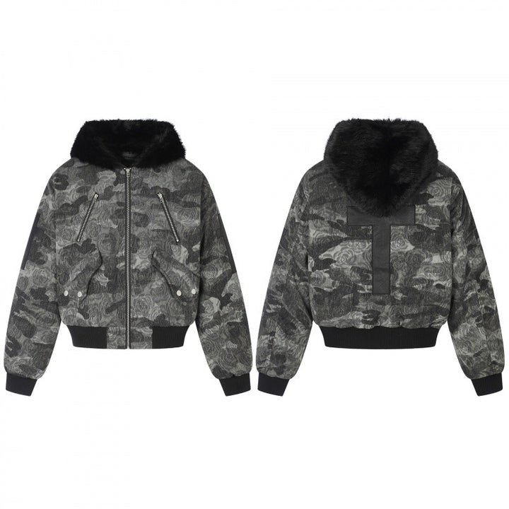 Damen Boxy-Bomberjacke mit weichem Kunstpelzkragen und floraler Camouflage-Struktur Drune