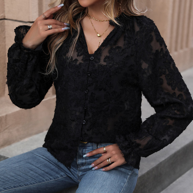 Damen Elegante Transparente Bluse mit floralen Applikationen Drune