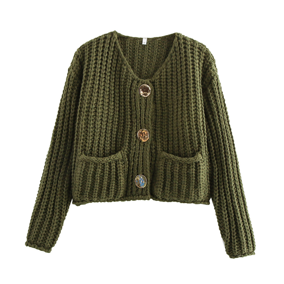 Damen Grobstrick-Cardigan mit V‑Ausschnitt, goldener Knopfleiste und aufgesetzten Taschen Drune