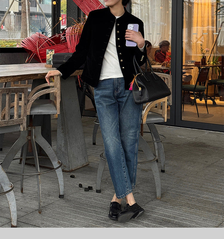 Damen Elegante Samtjacke mit Knopfleiste Drune