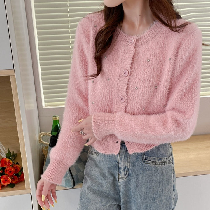 Damen elegante Strickjacke mit trendigen Perlenakzenten Drune