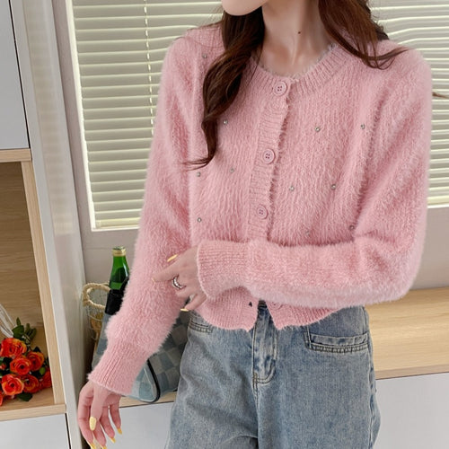Damen elegante Strickjacke mit trendigen Perlenakzenten Drune
