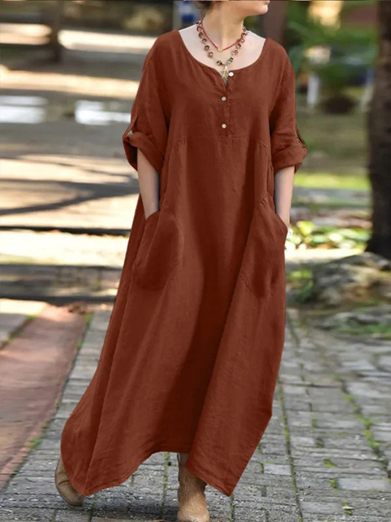 Damen längeres Kleid mit Knopfdetail und praktischen Taschen Drune