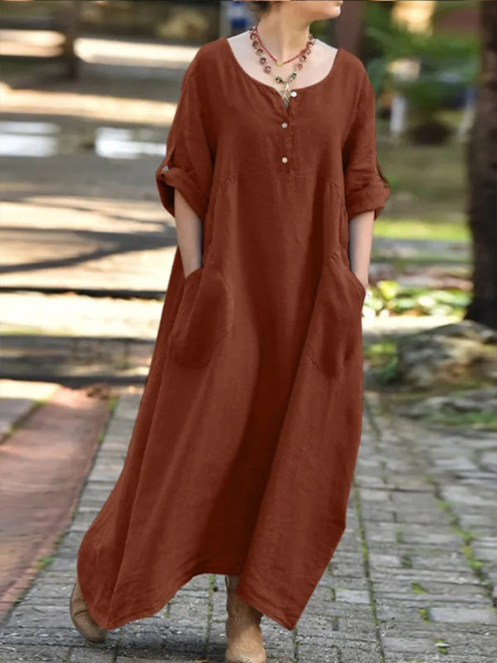 Damen längeres Kleid mit Knopfdetail und praktischen Taschen Drune