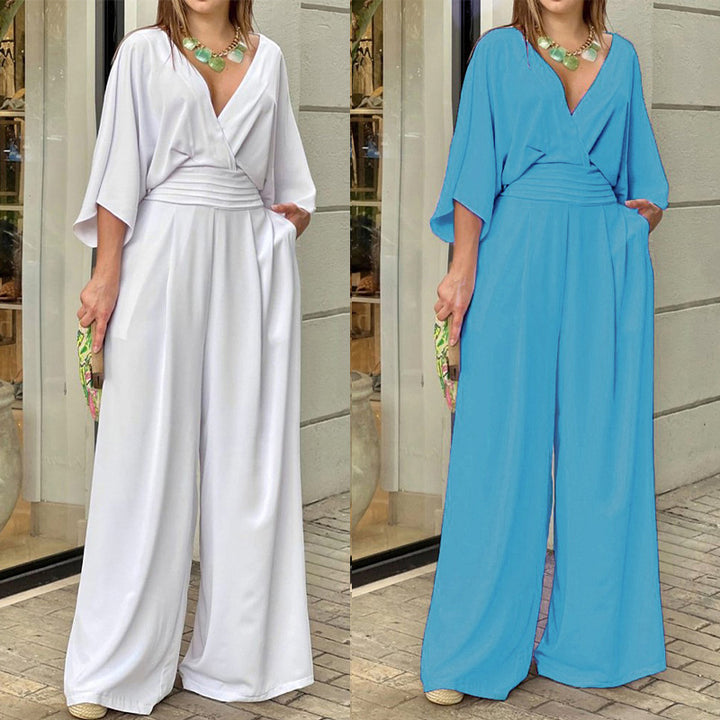 Damen Eleganter High-Waist Jumpsuit mit weitem Bein und Kimonoärmeln Drune