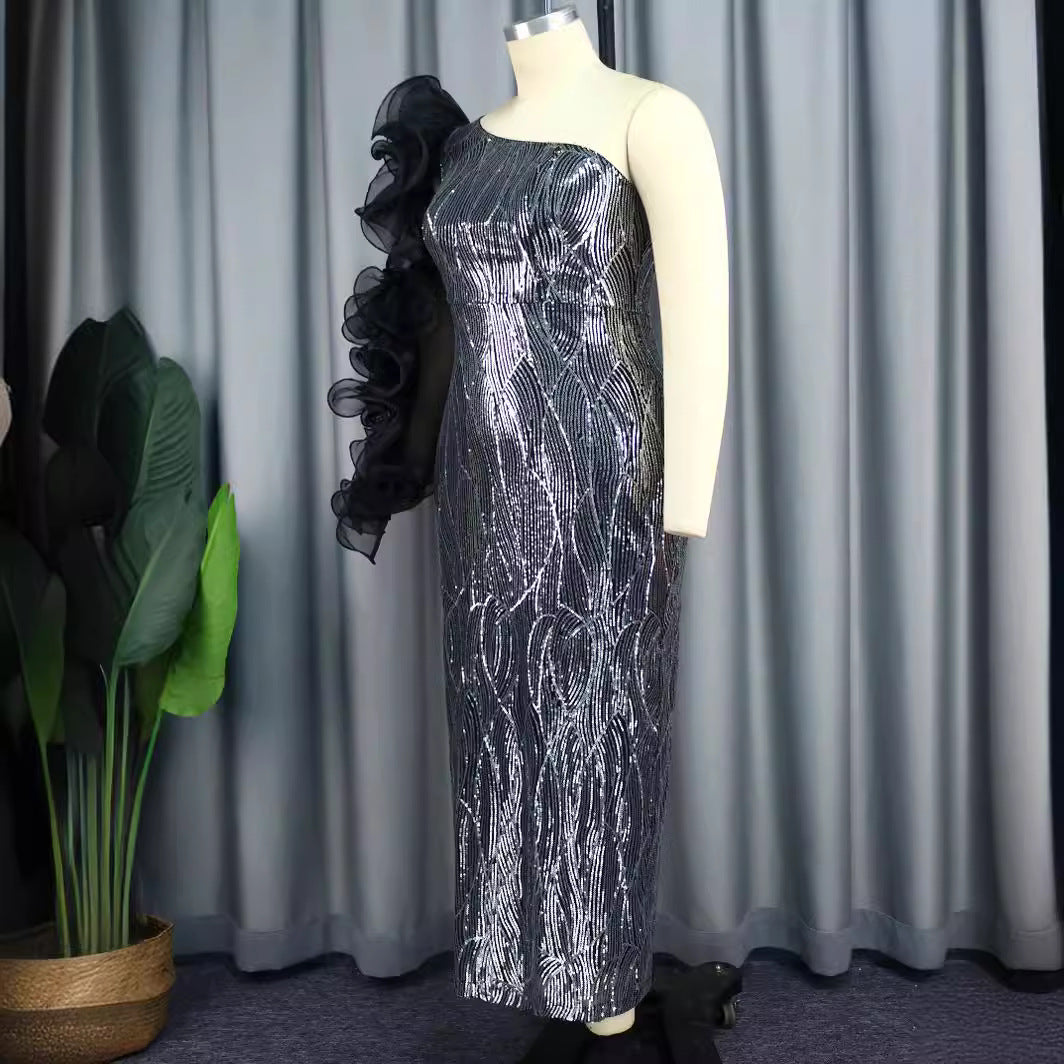 Damen Glamouröses Abendkleid mit schulterfreiem Design und voluminösen Rüschenärmel Drune
