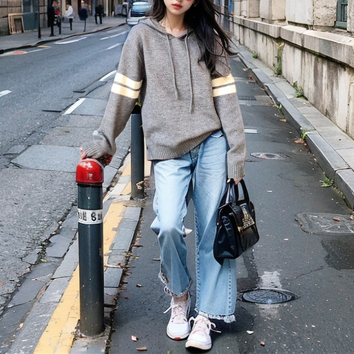 Damen modischer Kapuzenpullover mit dezenten Streifen Drune