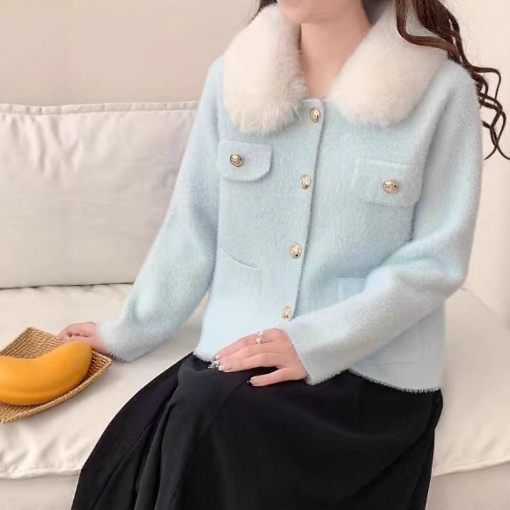 Damen Elegante Kurzjacke mit Kunstfellkragen Drune