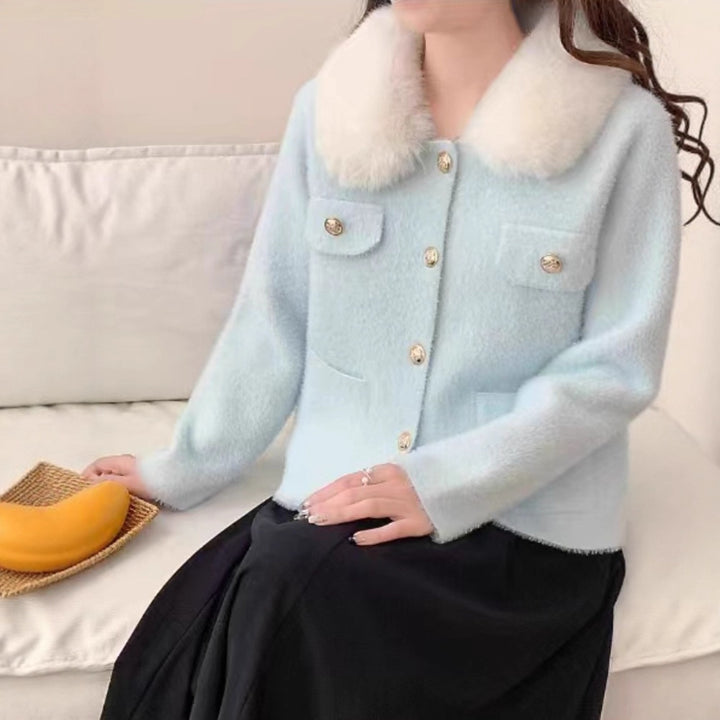 Damen Elegante Kurzjacke mit Kunstfellkragen Drune